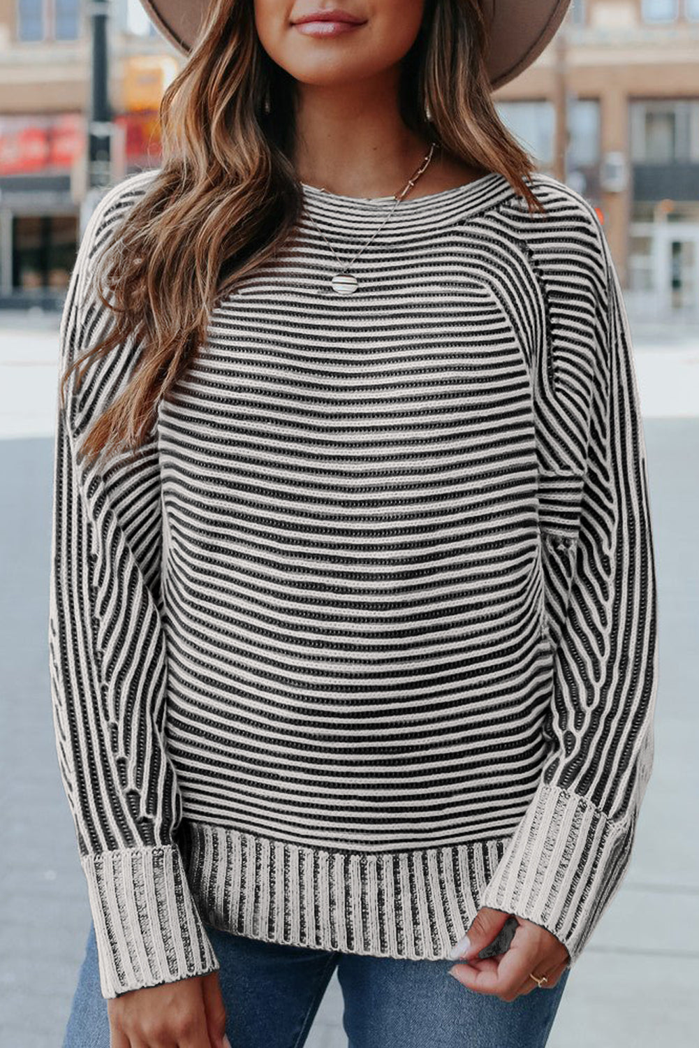 Striped Print Ribbed Knit Raglan Sleeve Baggy Sweater
