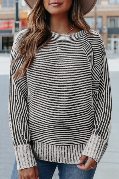 Striped Print Ribbed Knit Raglan Sleeve Baggy Sweater