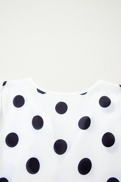 White Polka Dot Print Flutter Sleeve Striped Patchwork Babydoll Blouse