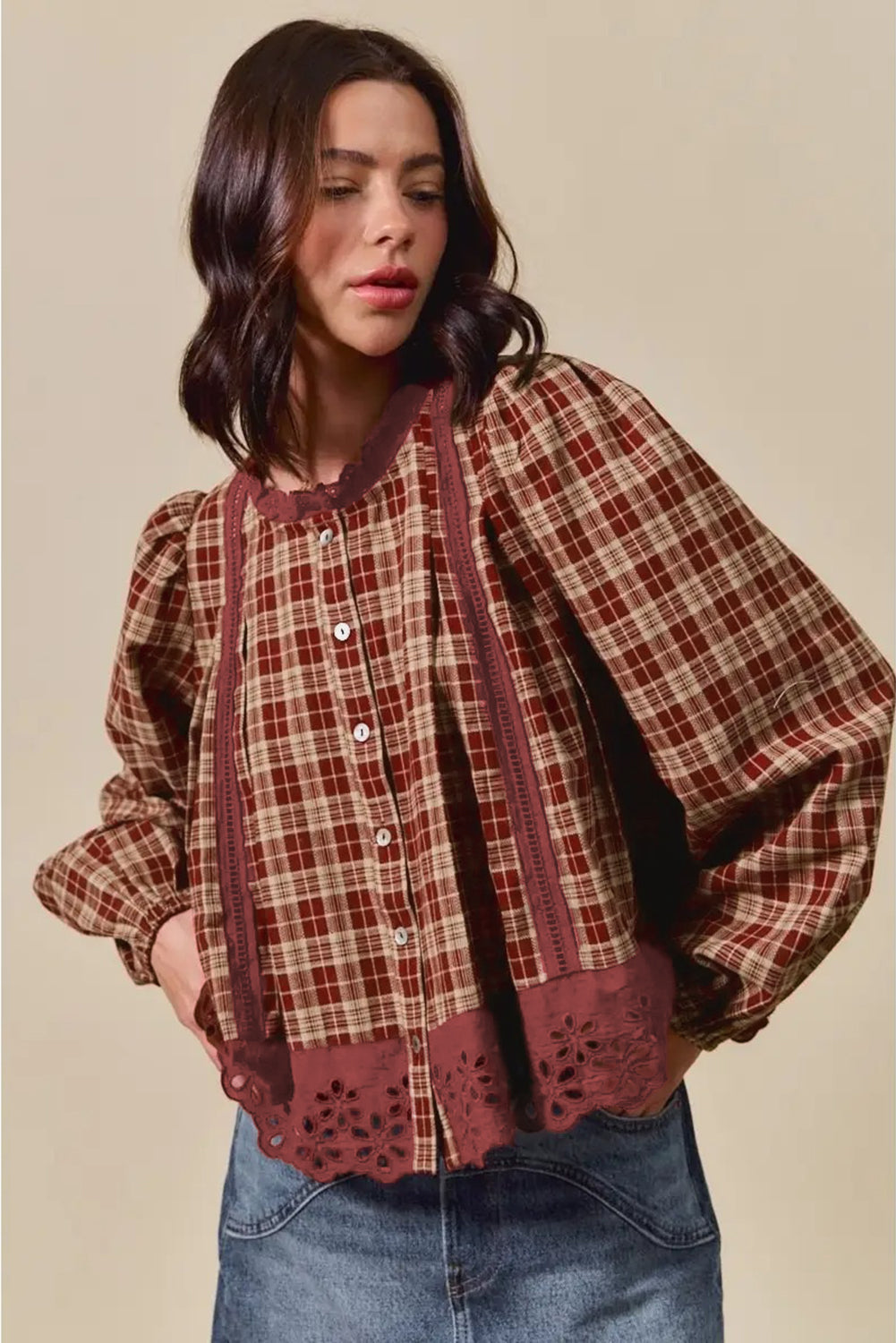 Red Dahlia Plaid Lace Hem Button Down Shirt