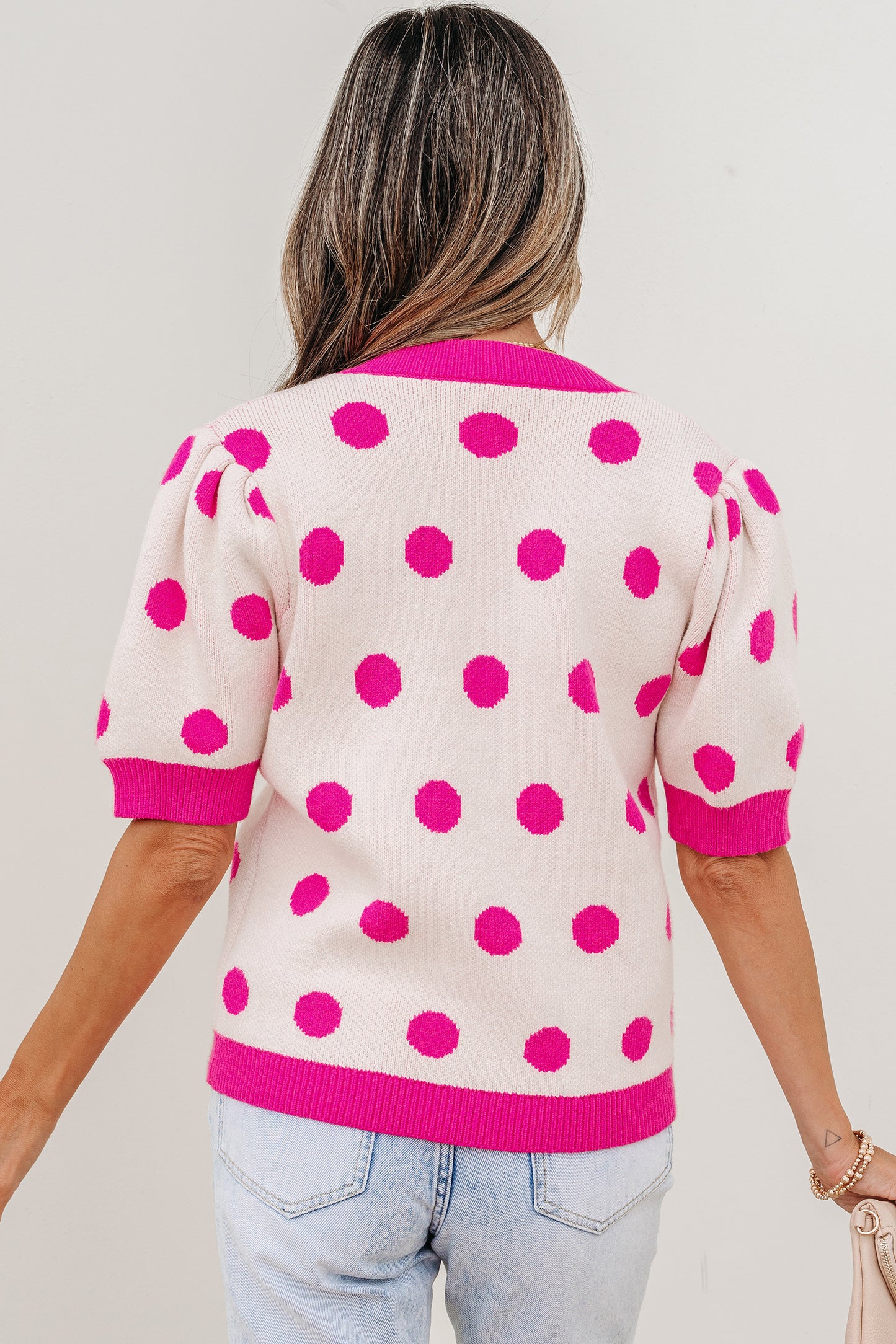 Polka Dot Puff Short Sleeve Sweater Top
