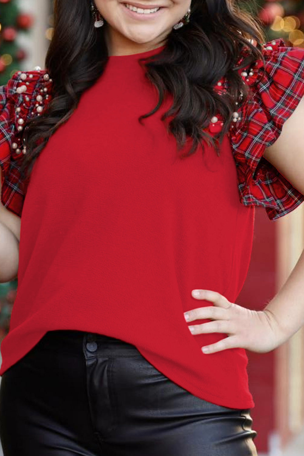Racing Red Plaid Pearl Ruffled Sleeve Knitted Christmas Holiday Plus Size Top