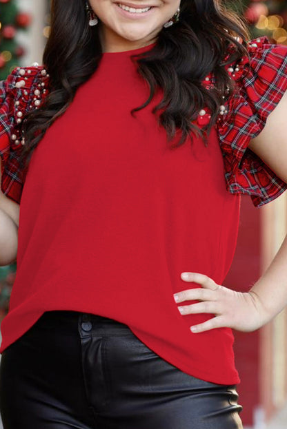 Racing Red Plaid Pearl Ruffled Sleeve Knitted Christmas Holiday Plus Size Top
