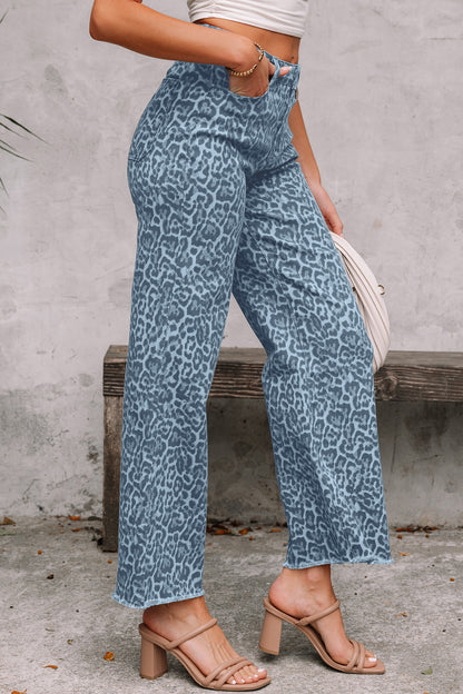 Leopard Frayed Edge Wide Leg High Waist Jeans