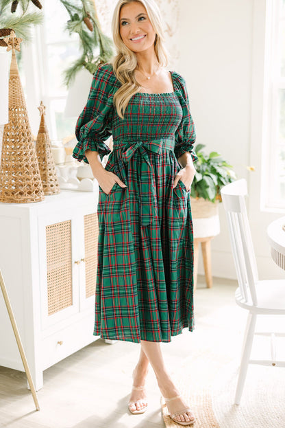 Plaid Square Neck Puff Sleeve Bowknot Waist Flared Midi Dress