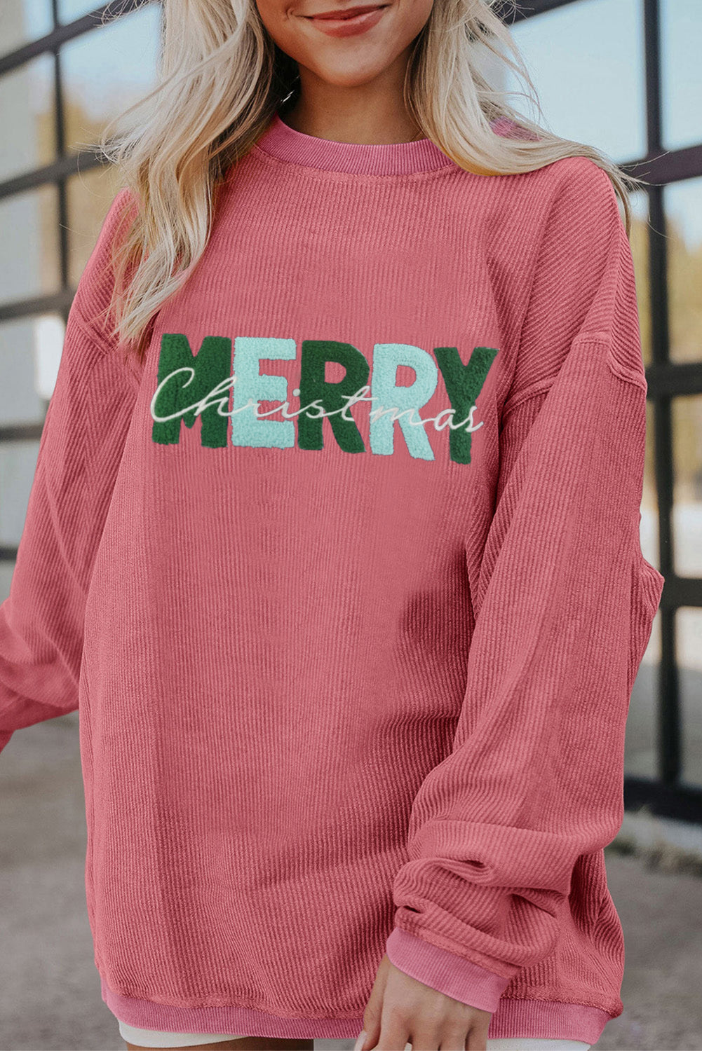 MERRY Christmas Terry Flocking Corded Graphic Sweatshirt