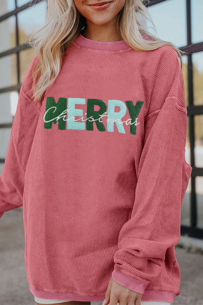 MERRY Christmas Terry Flocking Corded Graphic Sweatshirt