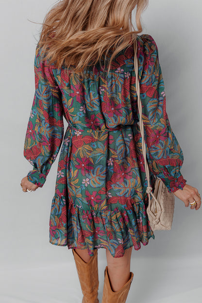 Green Floral Frill V Neck Puff Sleeve Ruffle Mini Dress