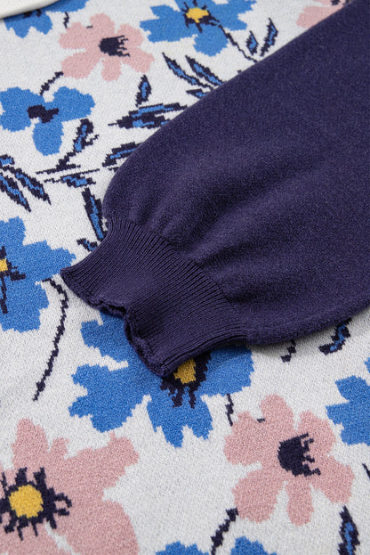 Khaki Vibrant Floral Contrast Colorblock Sleeve Pullover Sweater