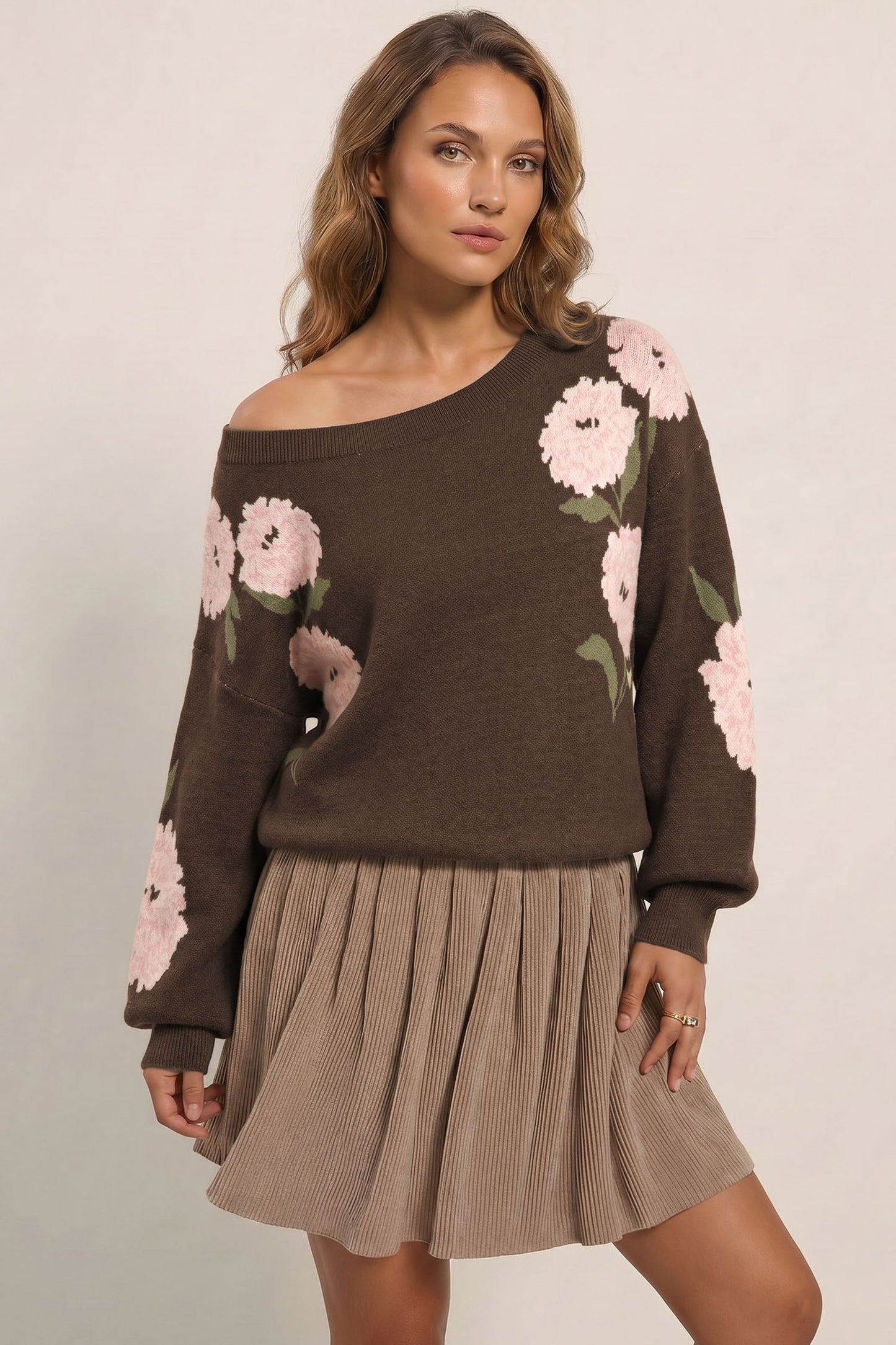 Dark Brown Floral Print Drop Shoulder Relaxed Pullover Sweater