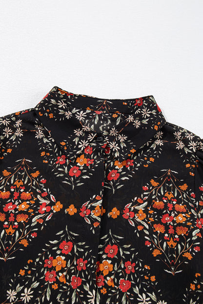 Strawberry Pink Floral Print Collared Button Up Puff Sleeve Shirt