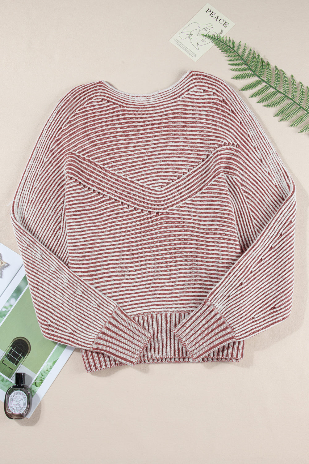 Striped Print Ribbed Knit Raglan Sleeve Baggy Sweater