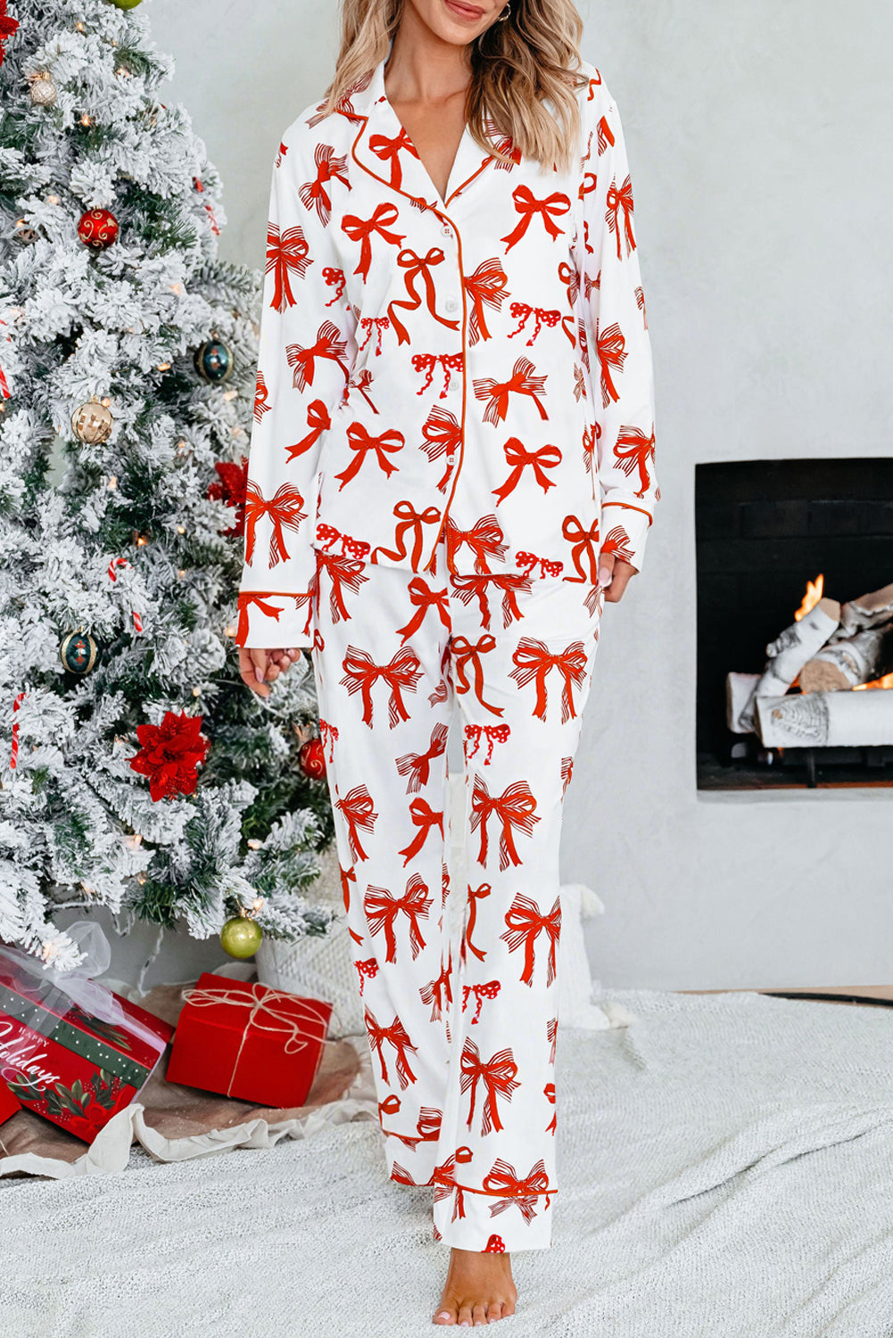 Red Christmas Bow Print Long Sleeve 2pcs Pajama Set