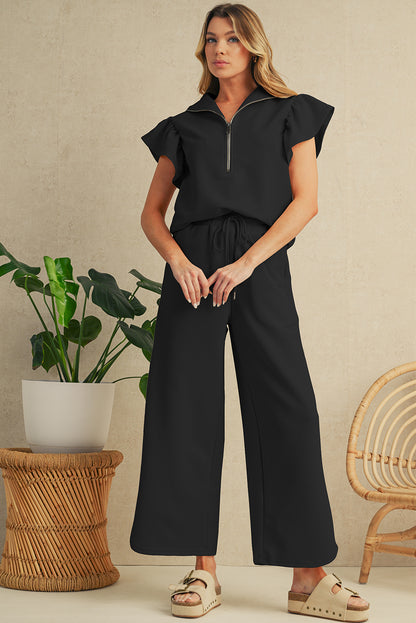 Textured Ruffle Sleeve Zipped Top and Wide Leg Pants Set
