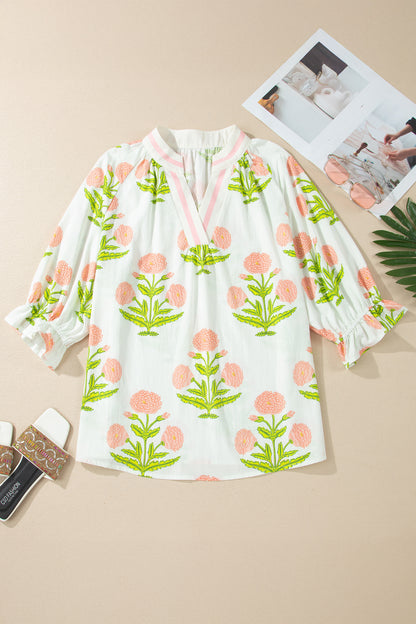 Floral Print Striped Trim V Neck Blouse