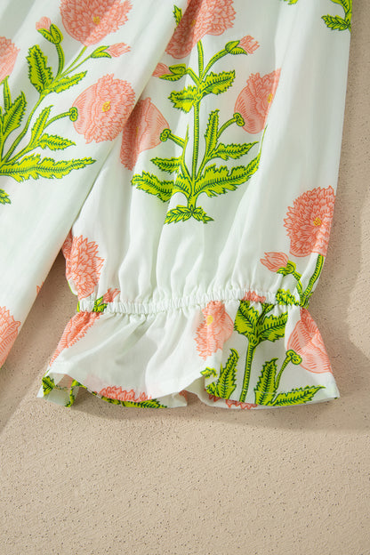 Floral Print Striped Trim V Neck Blouse