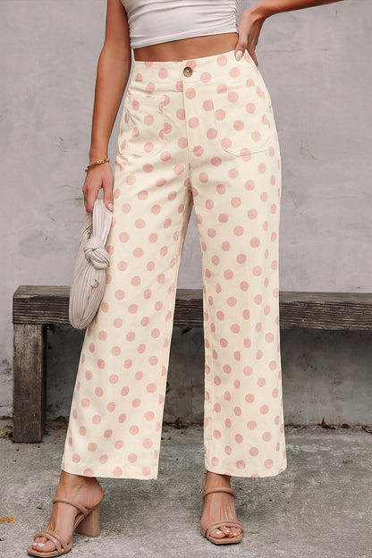 Polka Dot Print Patched Pocket Mid-rise Straight Leg Pants