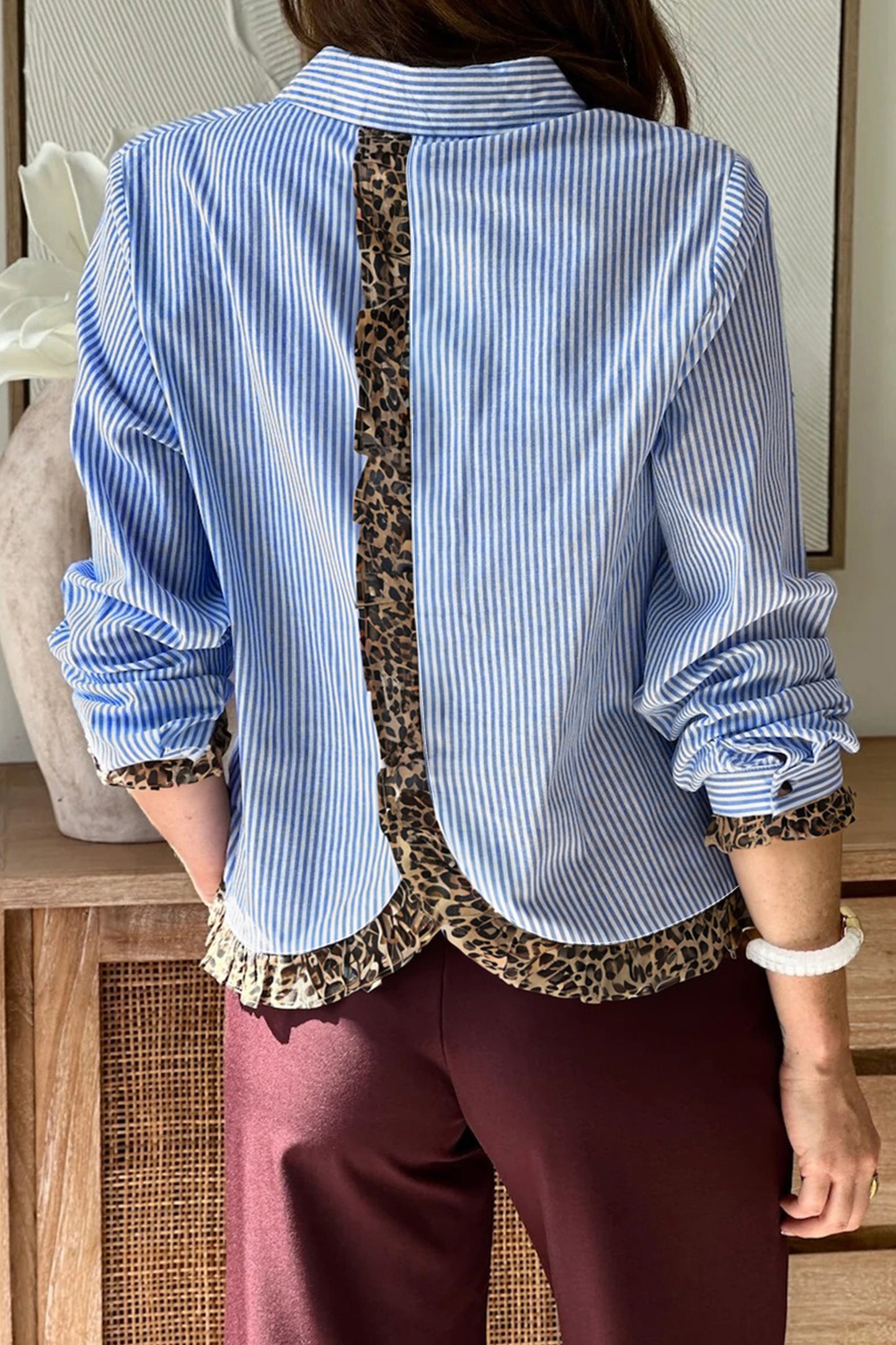 Sky Blue Stripe Contrast Frilled Leopard Trim Casual Long Sleeve Shirt