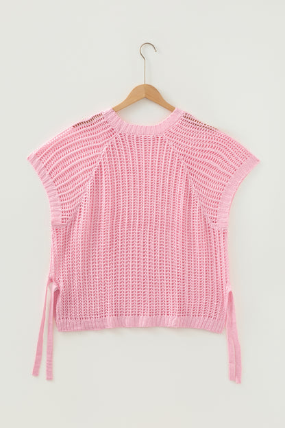 Open Knit Bow Tie Short Sleeve Sweater
