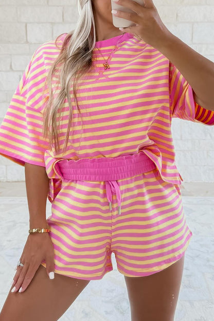 Stripe Drop Shoulder Boxy Casual Terry Short Set