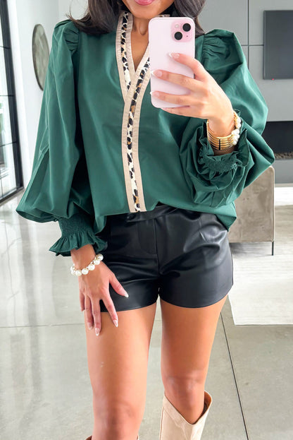 Evergreen Puffy Flounce Sleeve Leopard Trim V Neck Blouse