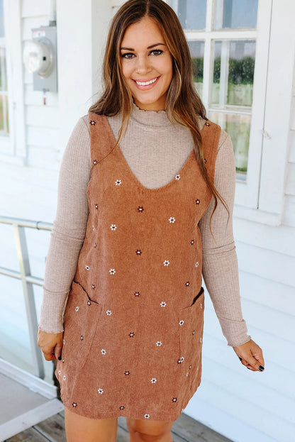 Gold Flame Flower Embroidered Corduroy Overall Mini Dress