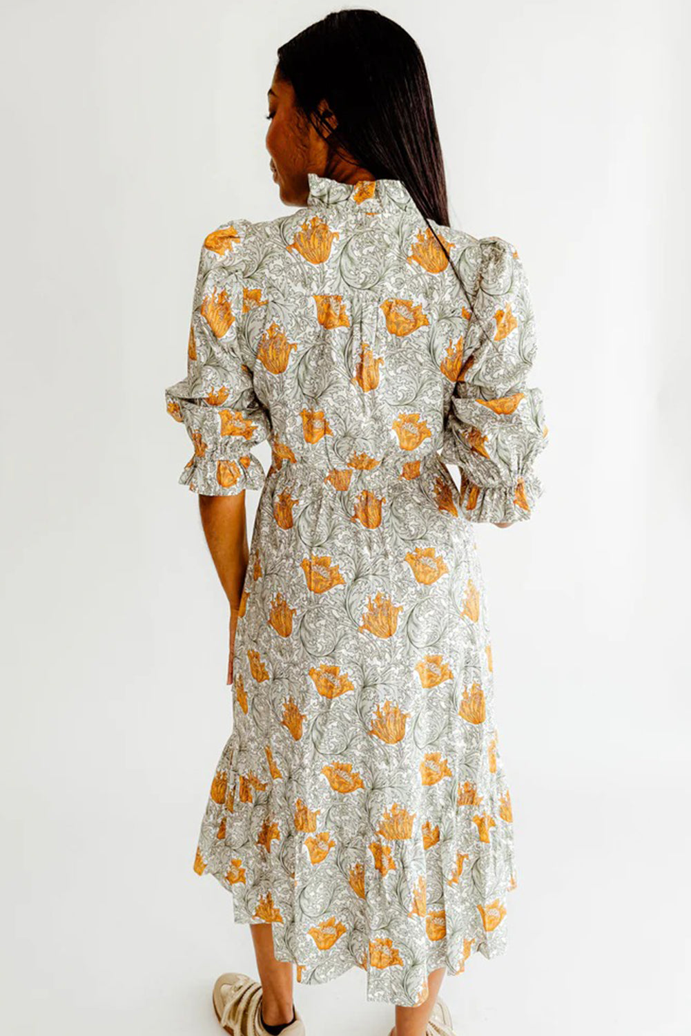 Floral Printed Frilled V Neck Bracelet Sleeve Long Dress