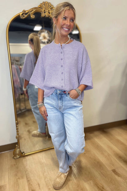 3/4 Sleeve Boxy Knit Button Down Sweater Cardigan