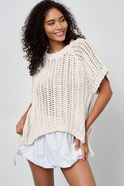 Open Knit Bow Tie Short Sleeve Sweater
