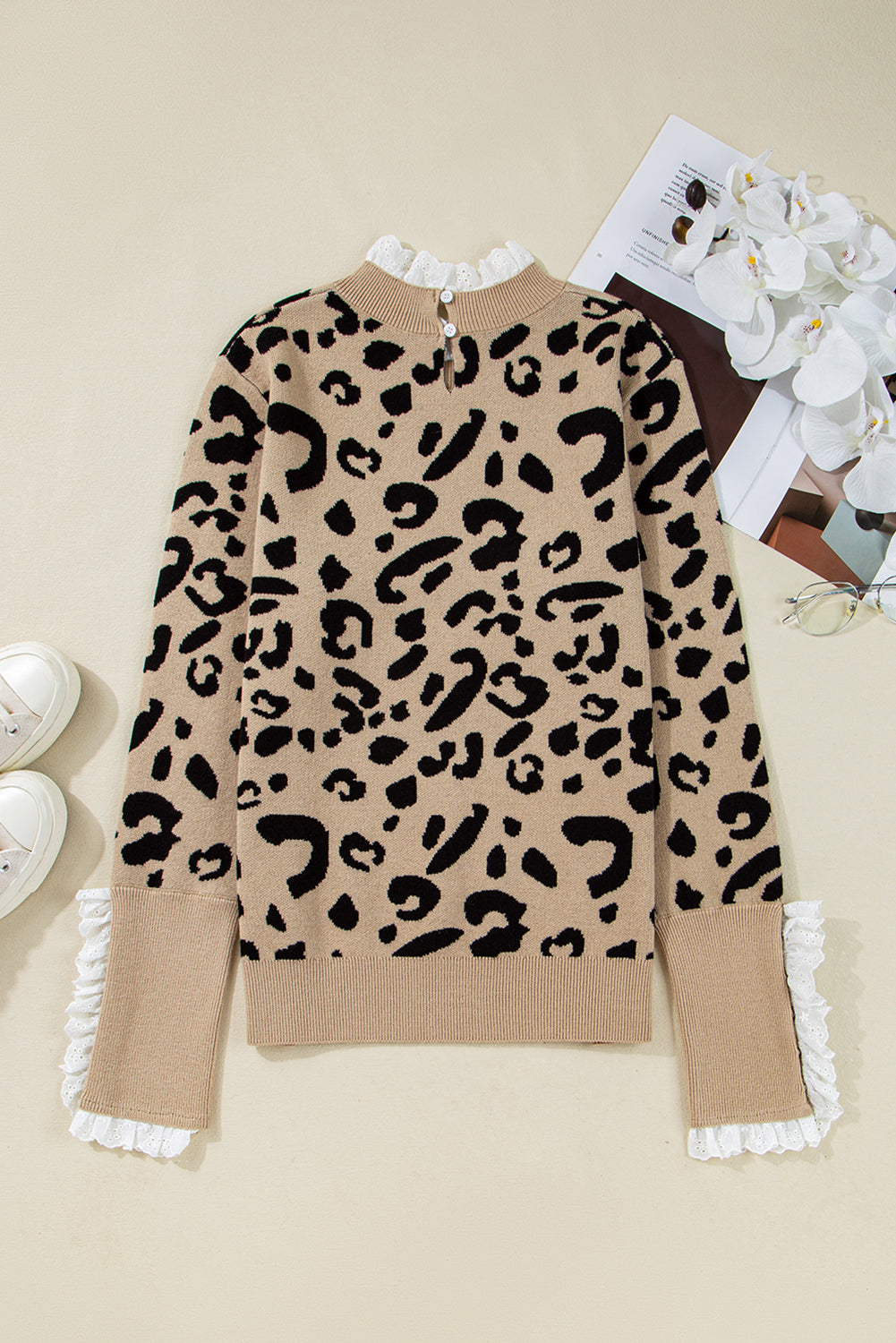 Brown Leopard Pattern Lace Trim Ribbed Detail Button Cuffed Sweater