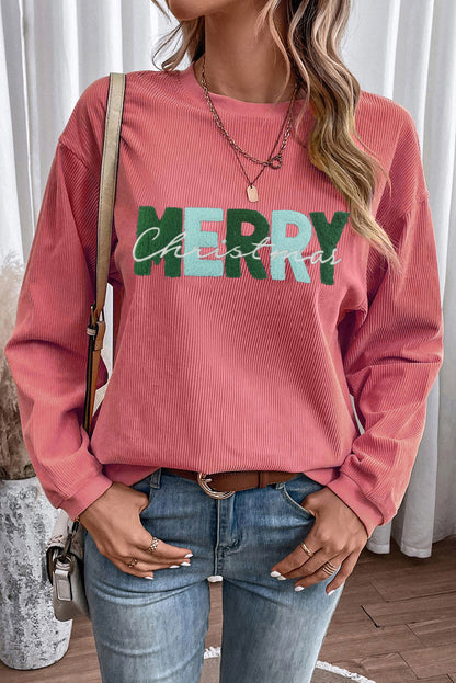 MERRY Christmas Terry Flocking Corded Graphic Sweatshirt