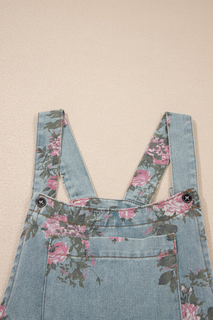 Floral Print Pleated High Waist Wide Leg Denim Jumpsuit