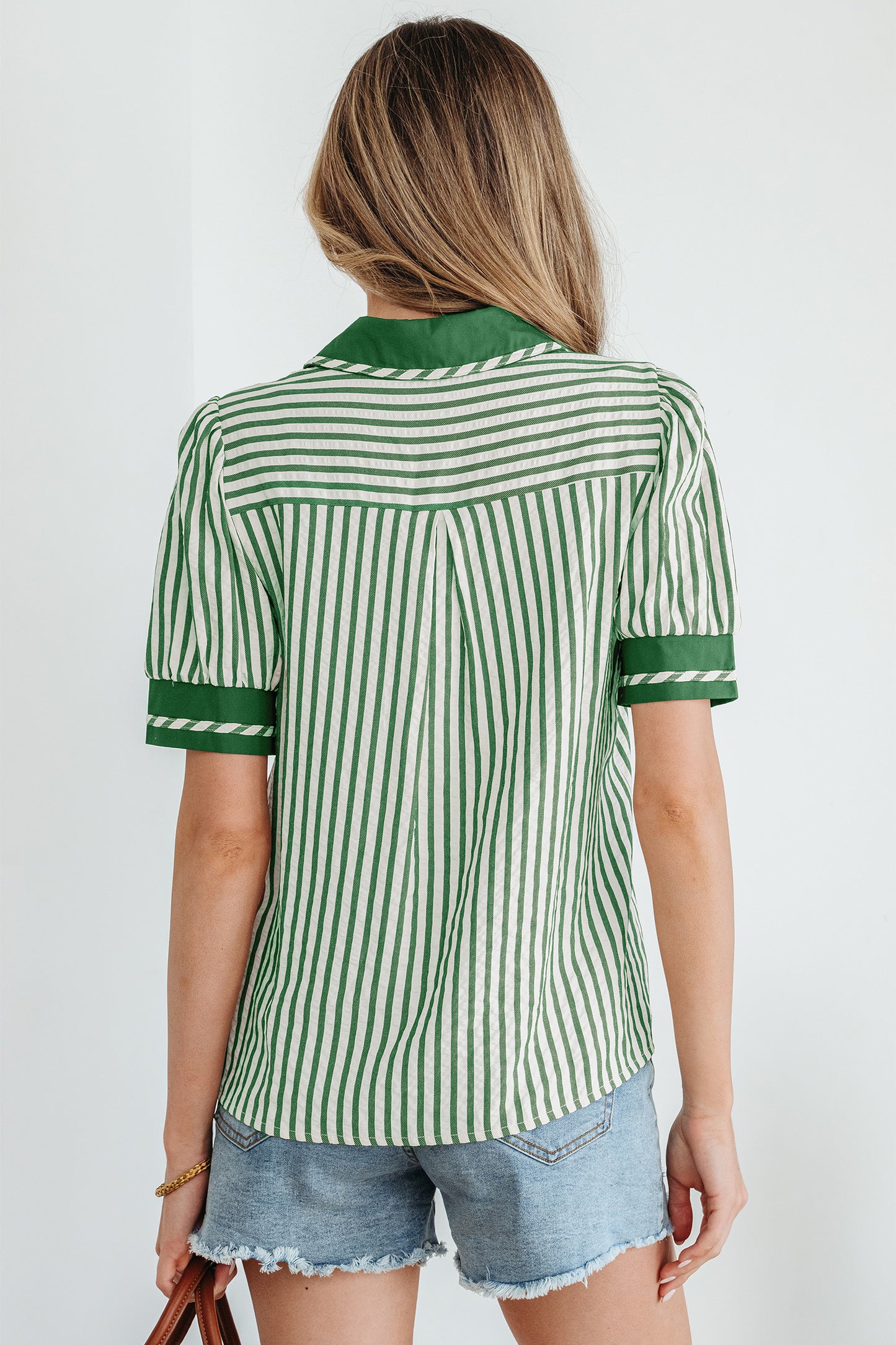 Stripe Collared Split Neck Short Bubble Sleeve Blouse