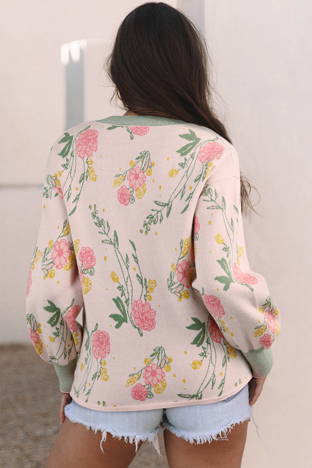 Pink Floral Colorblock V Neck Loose Sweater
