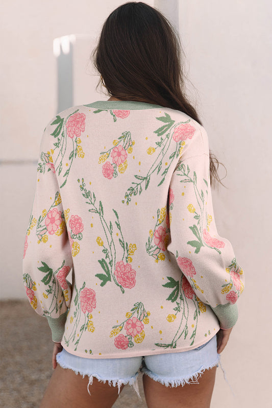 Pink Floral Colorblock V Neck Loose Sweater