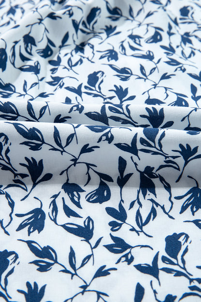 Blue Floral Print Lace Detail Puff Sleeve Fall Shirt