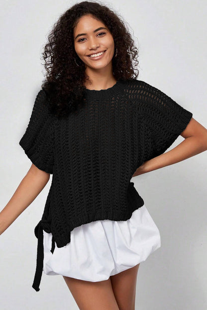 Open Knit Bow Tie Short Sleeve Sweater