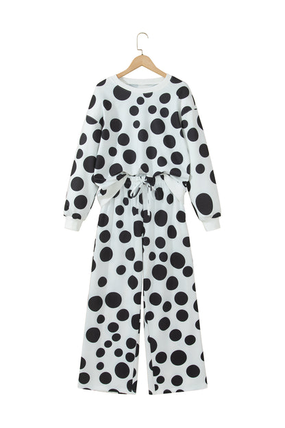 Polka Dot Long Sleeve Top Drawstring Relaxed Pants Set