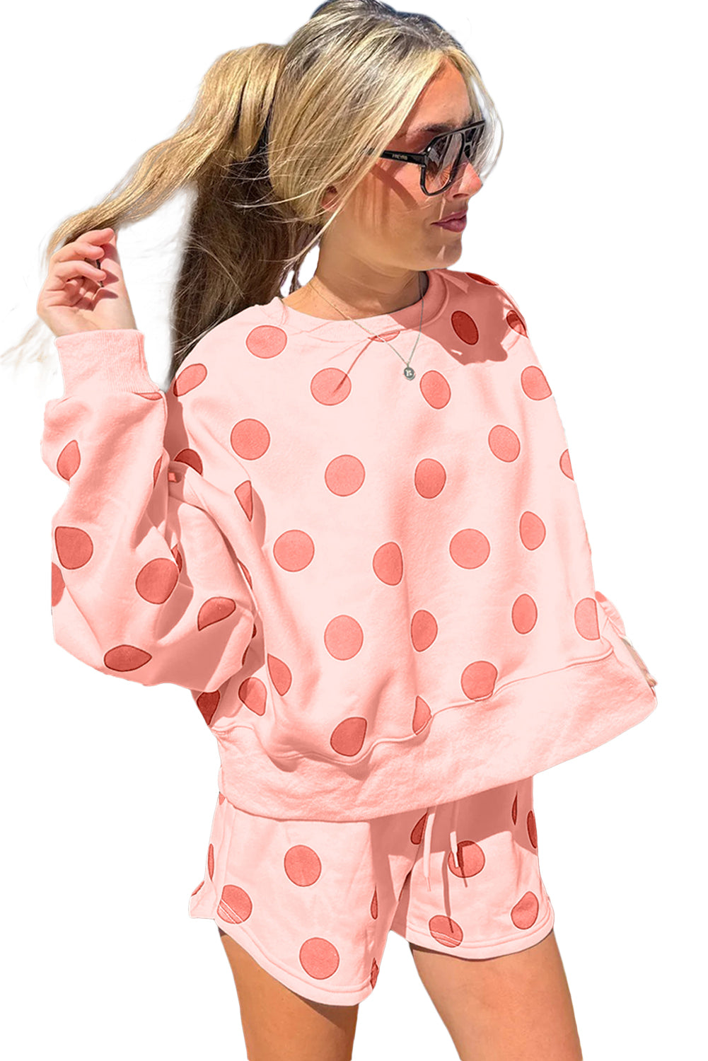 Polka Dot Print Drop Shoulder Pullover Drawstring Shorts Set