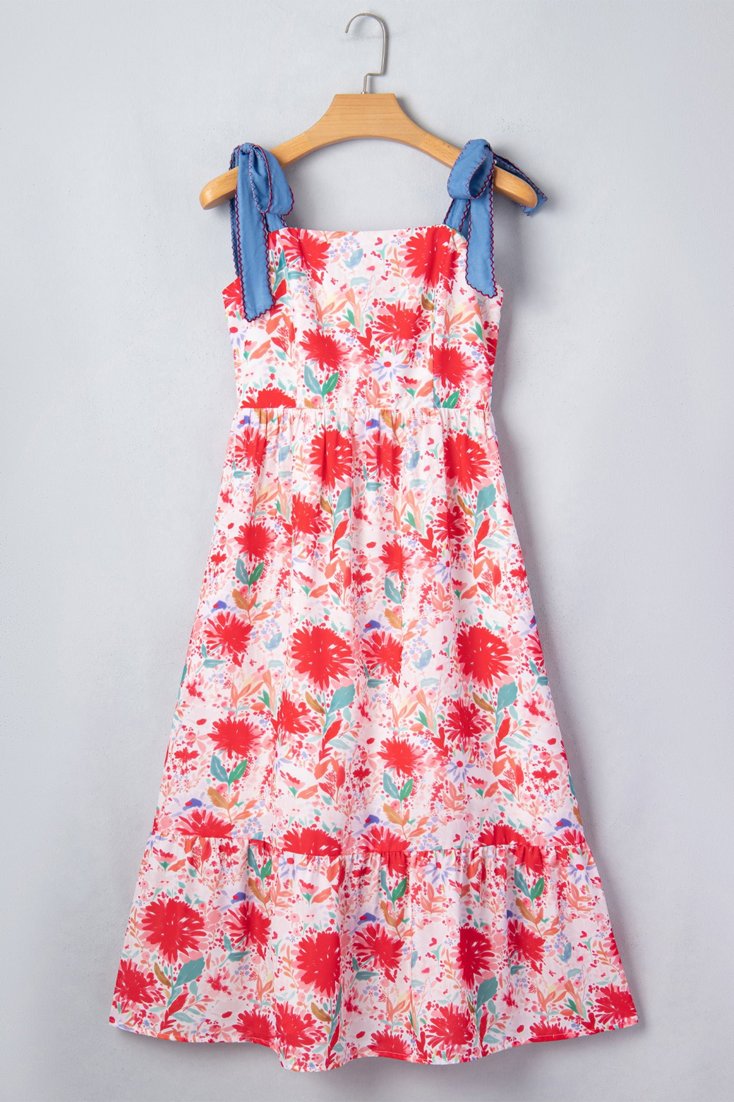 Floral Print Contrast Stitched Knot Denim Straps High Waist Dress