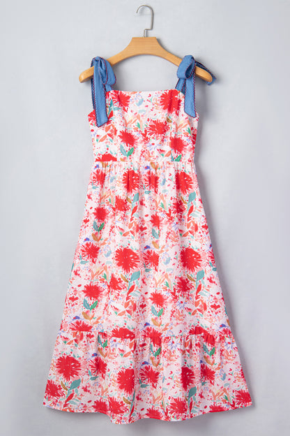 Floral Print Contrast Stitched Knot Denim Straps High Waist Dress