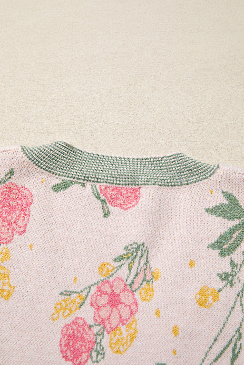 Pink Floral Colorblock V Neck Loose Sweater