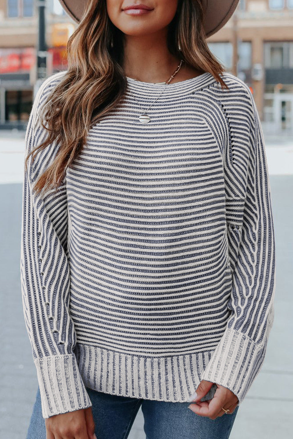 Striped Print Ribbed Knit Raglan Sleeve Baggy Sweater
