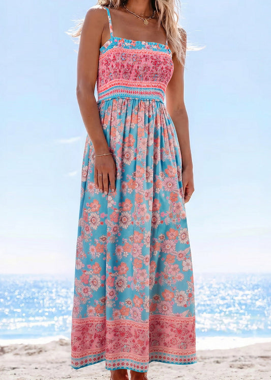 Sky Blue Bohemian Ethnic Print Spaghetti Straps Vacation Maxi Dress