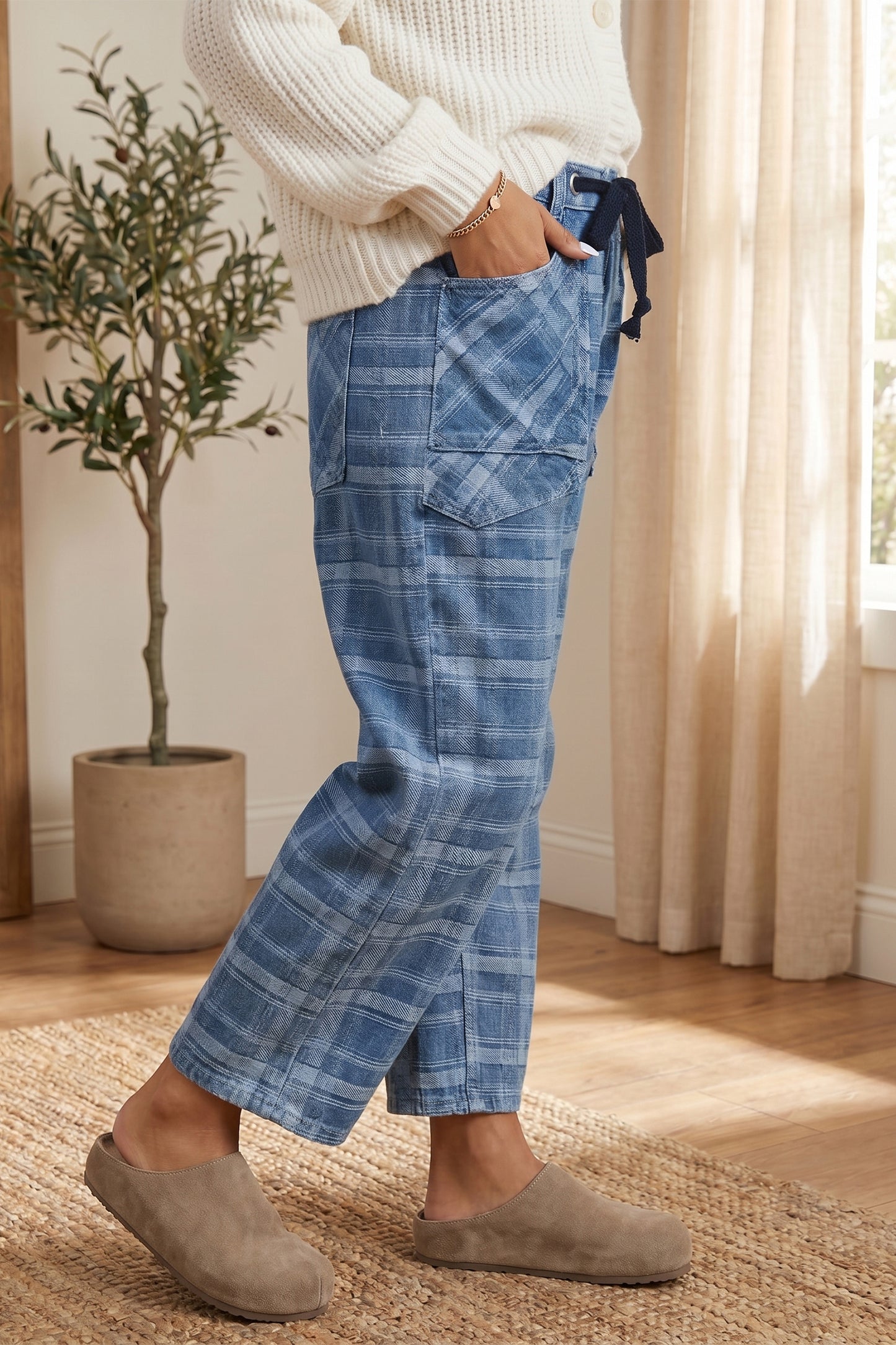 Sky Blue Plaid Denim Grommet Drawstring Waist Ankle-Length Jeans