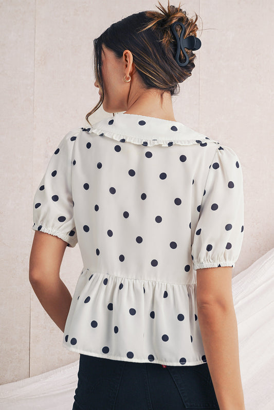 White Polka Dot Peter Pan Collar Bow Front Blouse