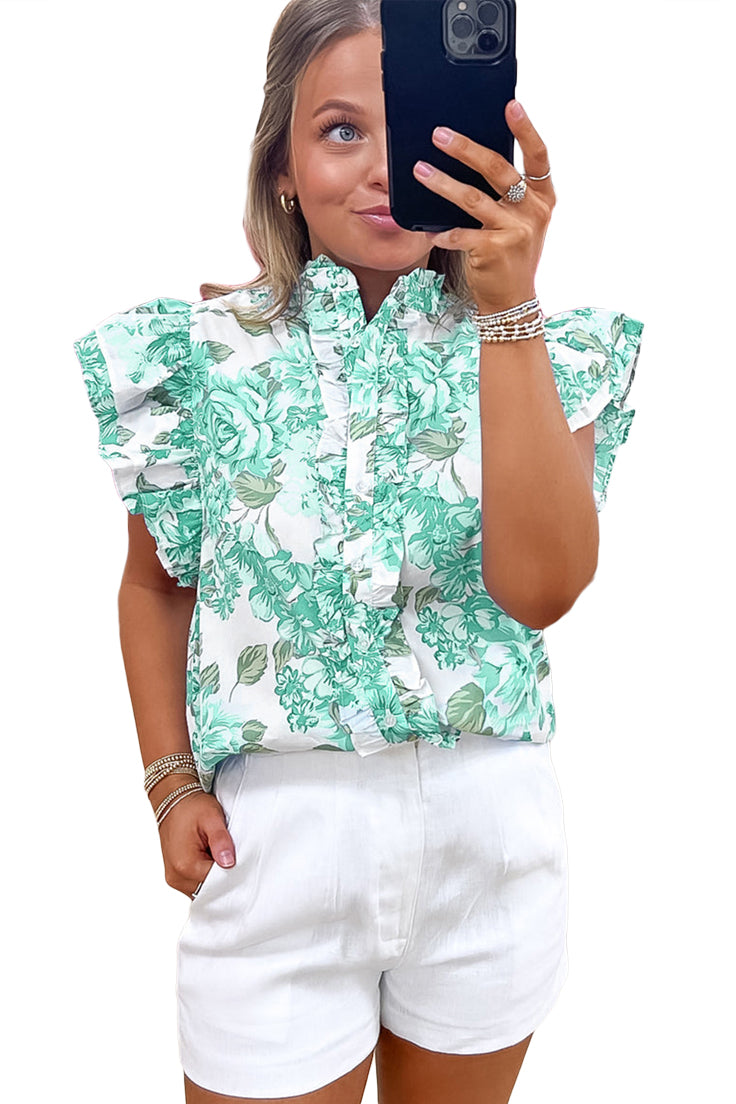 Floral Print Ruffle Sleeve Frill Shirt