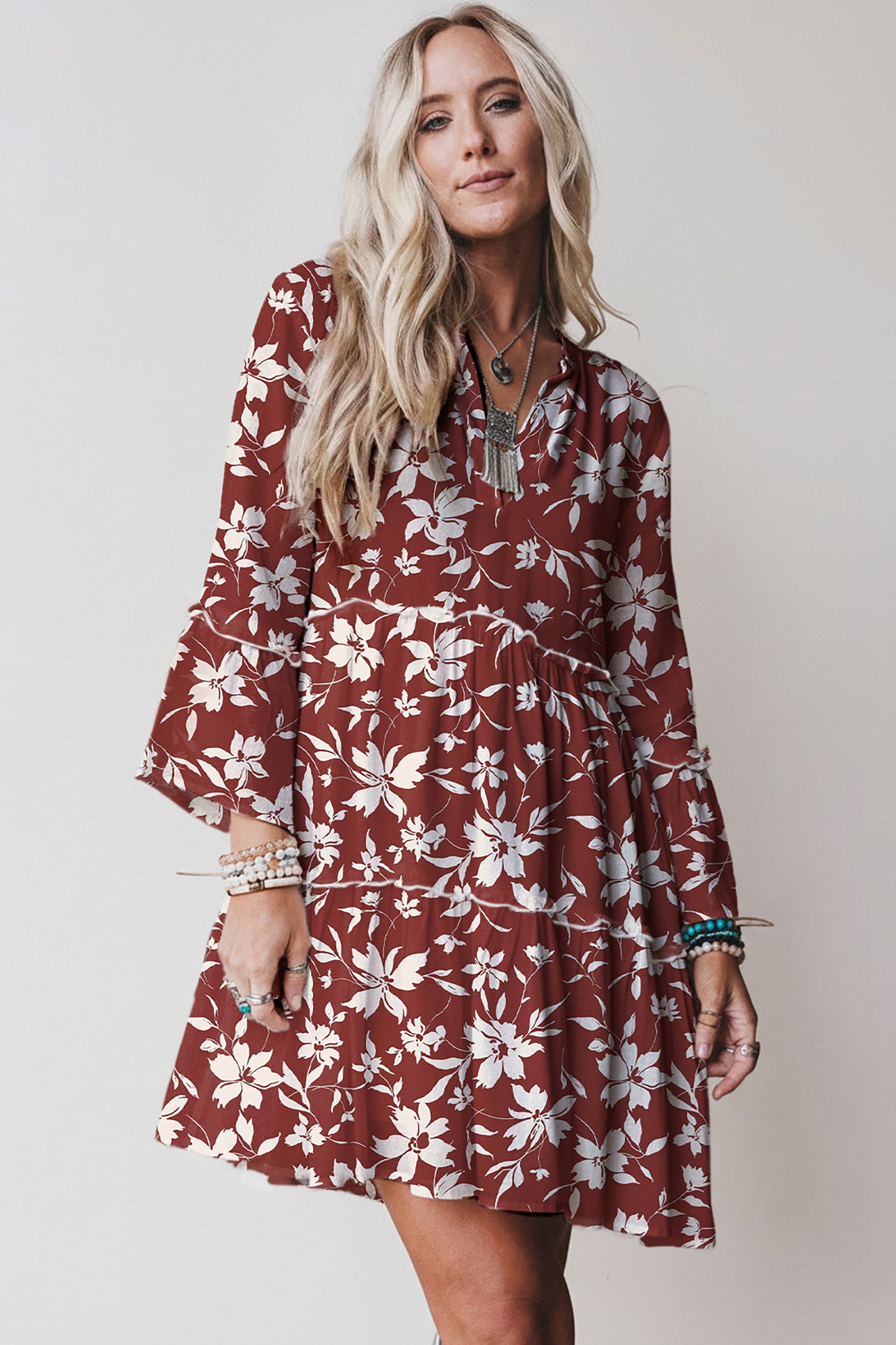 Blue Boho Floral Print Lettuce Trim 3/4 Sleeve Mini Dress