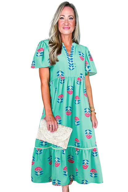 Blue Floral Print Notched Neck Flounce Sleeve Maxi Dress