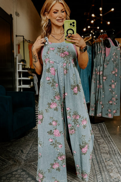 Floral Print Pleated High Waist Wide Leg Denim Jumpsuit